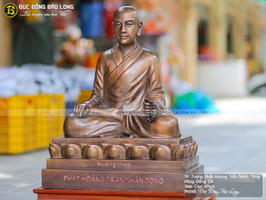 Tượng Phật Hoàng Trần Nhân Tông Bằng Đồng Đỏ Màu Trầm Cổ Cao 67cm