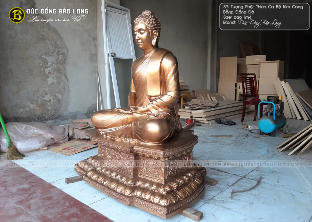 Tượng Phật Thích Ca Bệ Kim Cang Bằng Đồng Đỏ Cao 1m4