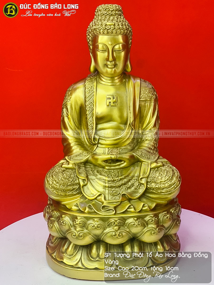 Tượng Phật Tổ Áo Hoa Bằng Đồng Vàng Cao 20cm 4 tượng Phật Tổ áo hoa bằng đồng vàng cao 20cm