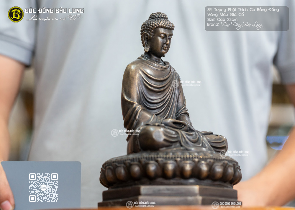 tượng Phật Thích Ca bằng đồng 22cm hun trầm cổ