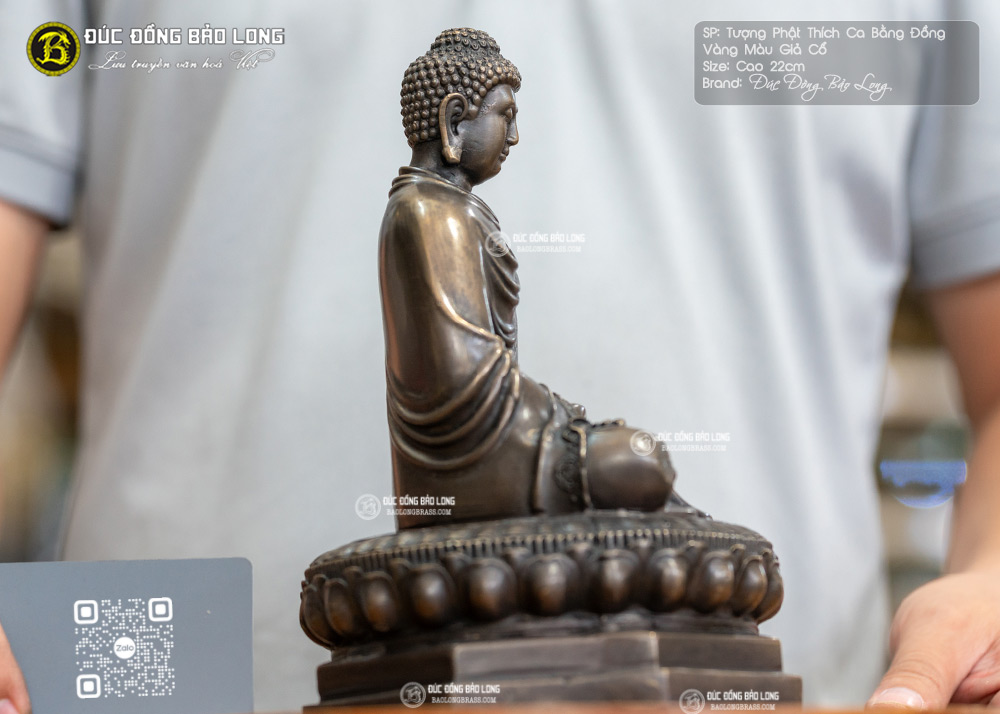 tượng Phật Thích Ca bằng đồng 22cm hun trầm cổ