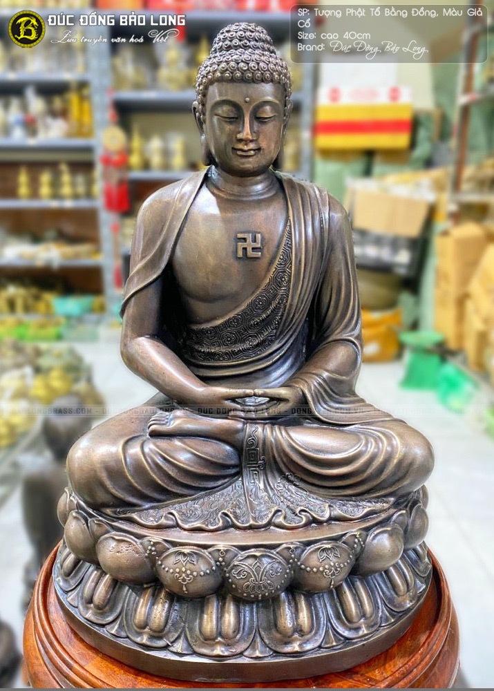 Tượng Phật Tổ Bằng Đồng Vàng Màu Giả Cổ Cao 40cm