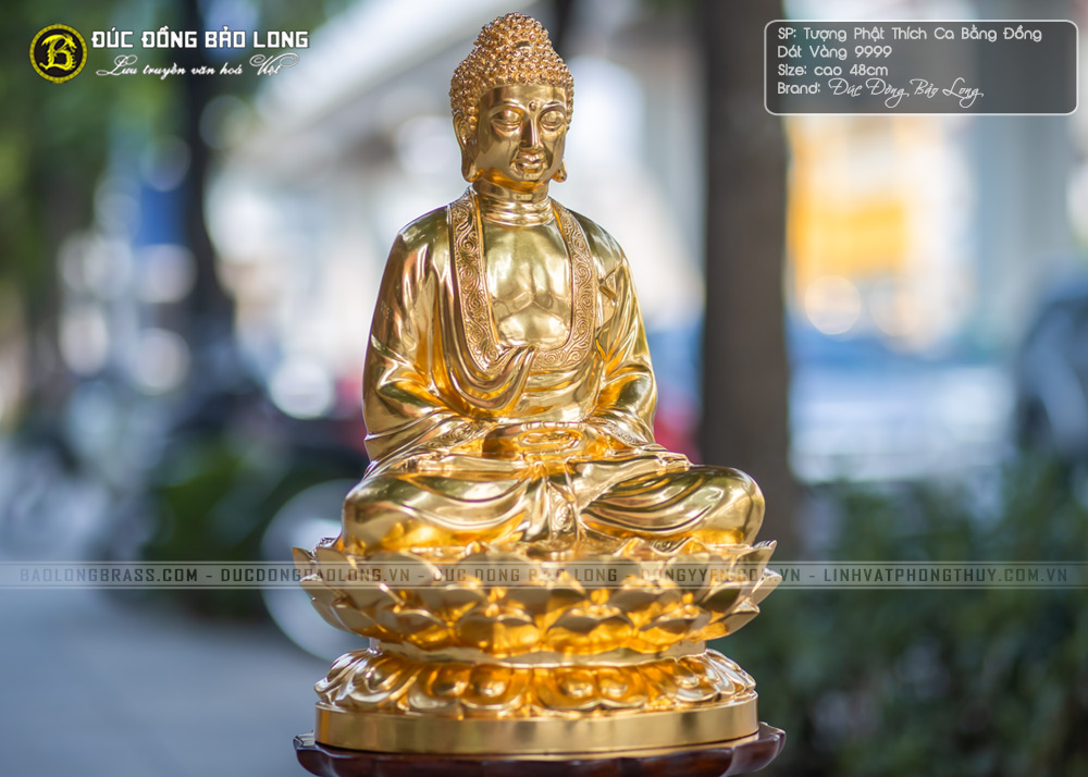 Tượng Phật Thích Ca bằng đồng dát vàng 9999 cao 48cm