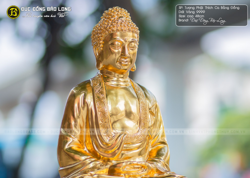 Tượng Phật Thích Ca Bằng Đồng Đỏ Dát Vàng 9999 cao 48cm