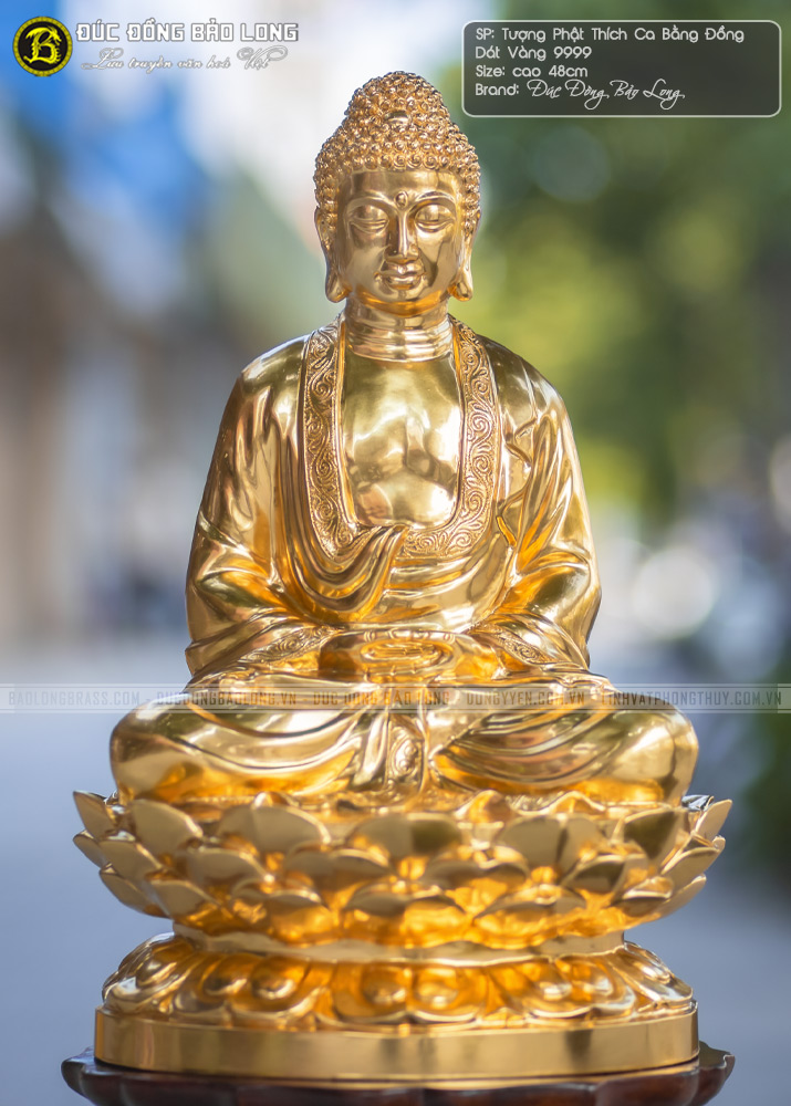 tượng Phật Thích Ca bằng đồng đỏ dát vàng 9999 cao 48cm