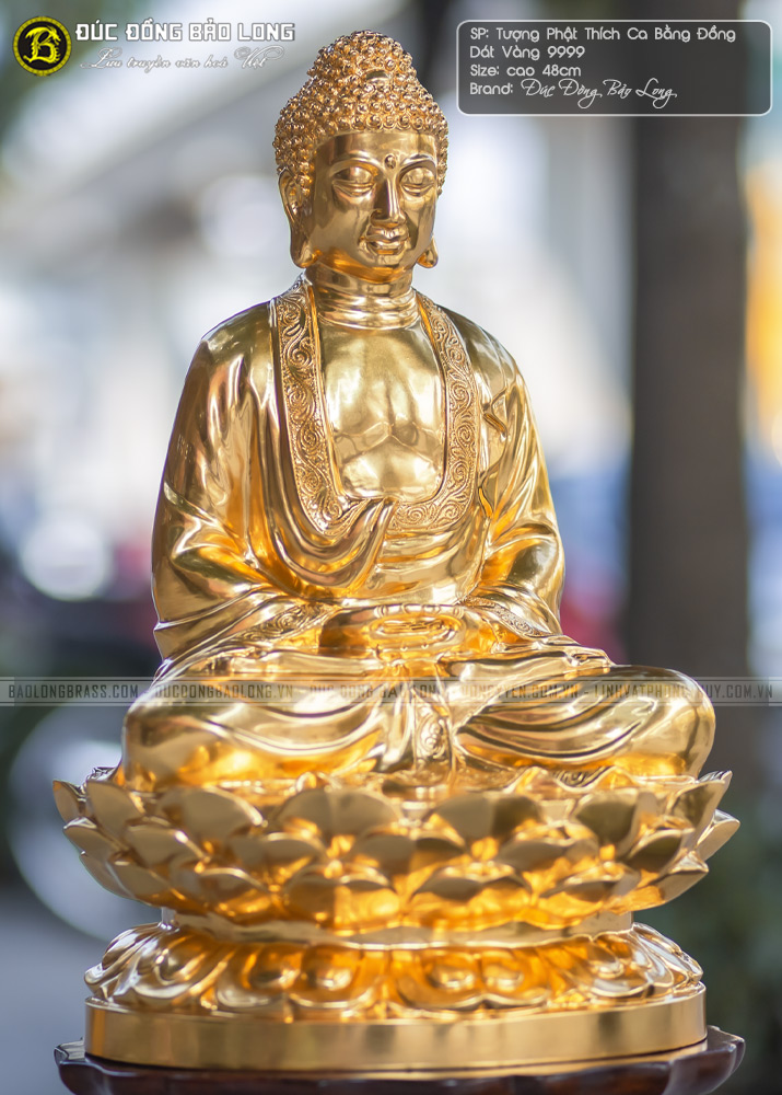 tượng Phật Thích Ca bằng đồng đỏ dát vàng 9999 cao 48cm