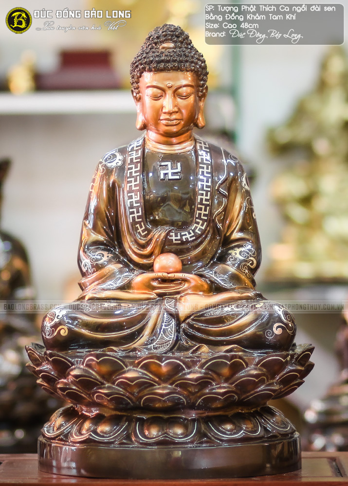 Tượng Phật Thích Ca bằng đồng khảm tam khí cao 48cm