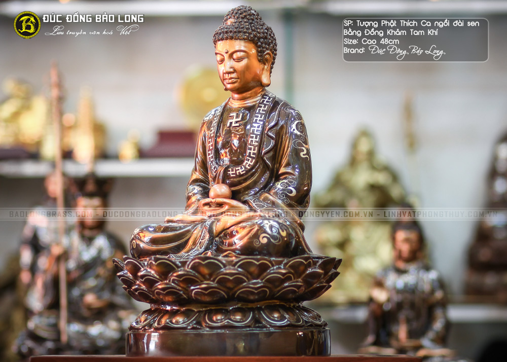 Tượng Phật Thích Ca Bằng Đồng Khảm Tam Khí Cao 48cm