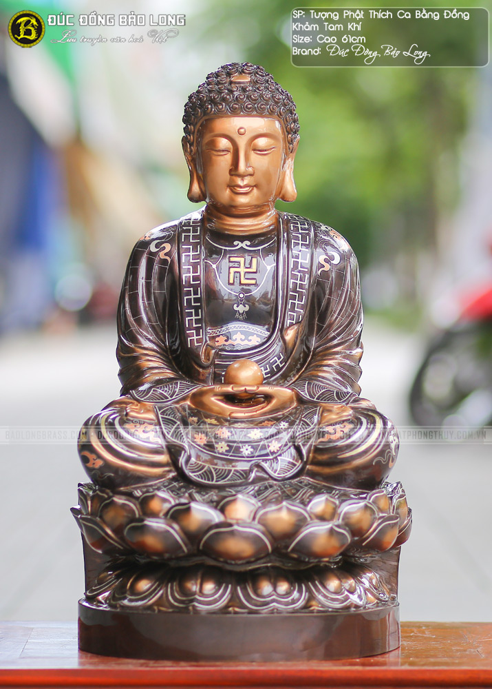 Tượng Phật Thích Ca Bằng Đồng Cao 61cm Khảm Tam Khí 3 Tượng Phật Thích Ca bằng đồng cao 61cm khảm tam khí