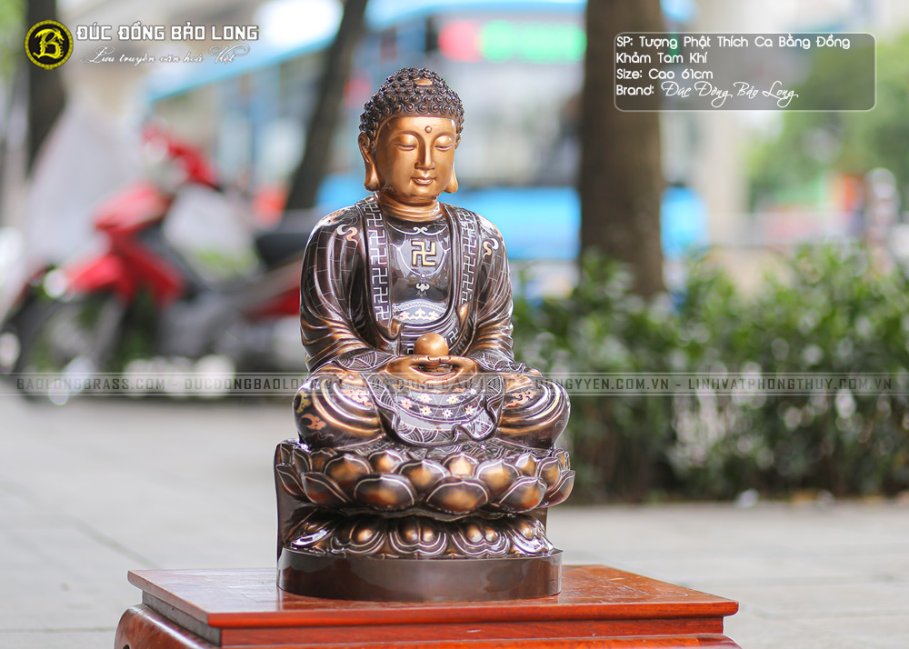 tượng Phật Thích Ca bằng đồng 61cm khảm Tam khí