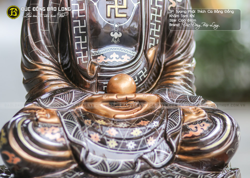 tượng Phật Thích Ca bằng đồng 61cm khảm Tam khí