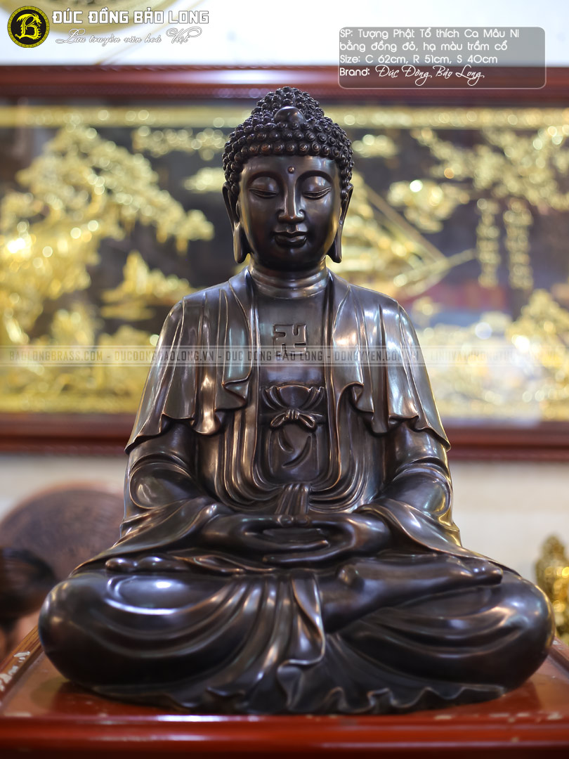 tượng Phật Thích Ca bằng đồng đỏ cao 62cm màu giả cổ