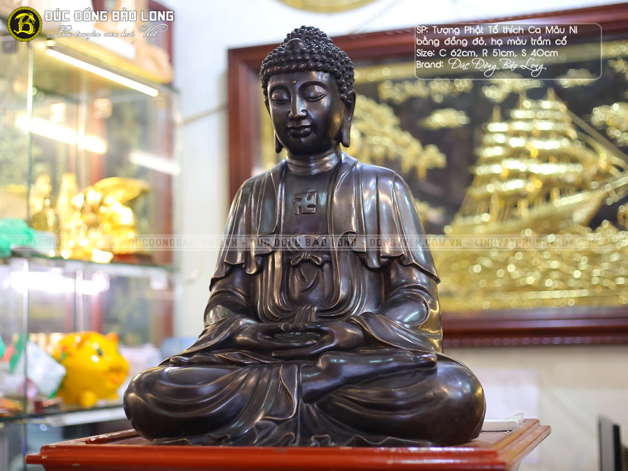 Tượng Phật Thích Ca Mâu Ni Bằng Đồng Đỏ Cao 62cm Màu Trầm Cổ