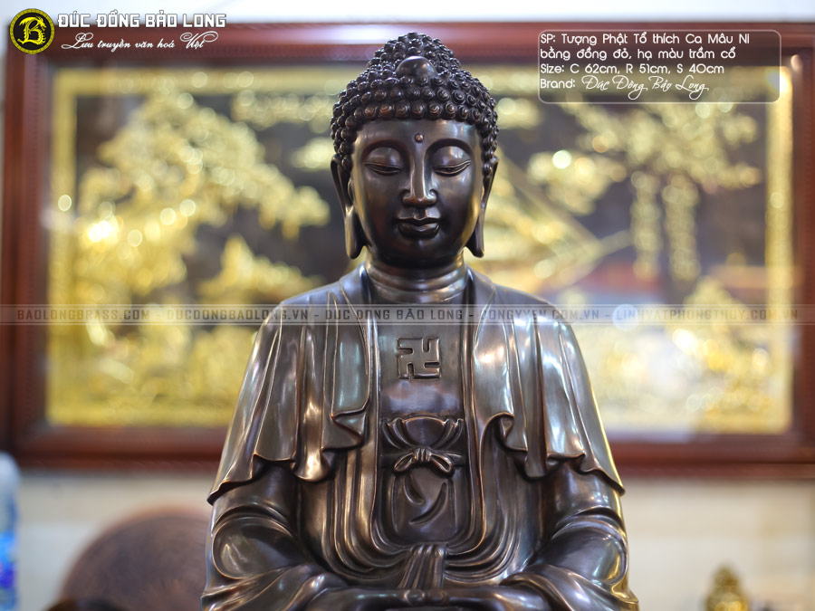 Tượng Phật Thích Ca Mâu Ni Bằng Đồng Đỏ Cao 62cm Màu Trầm Cổ