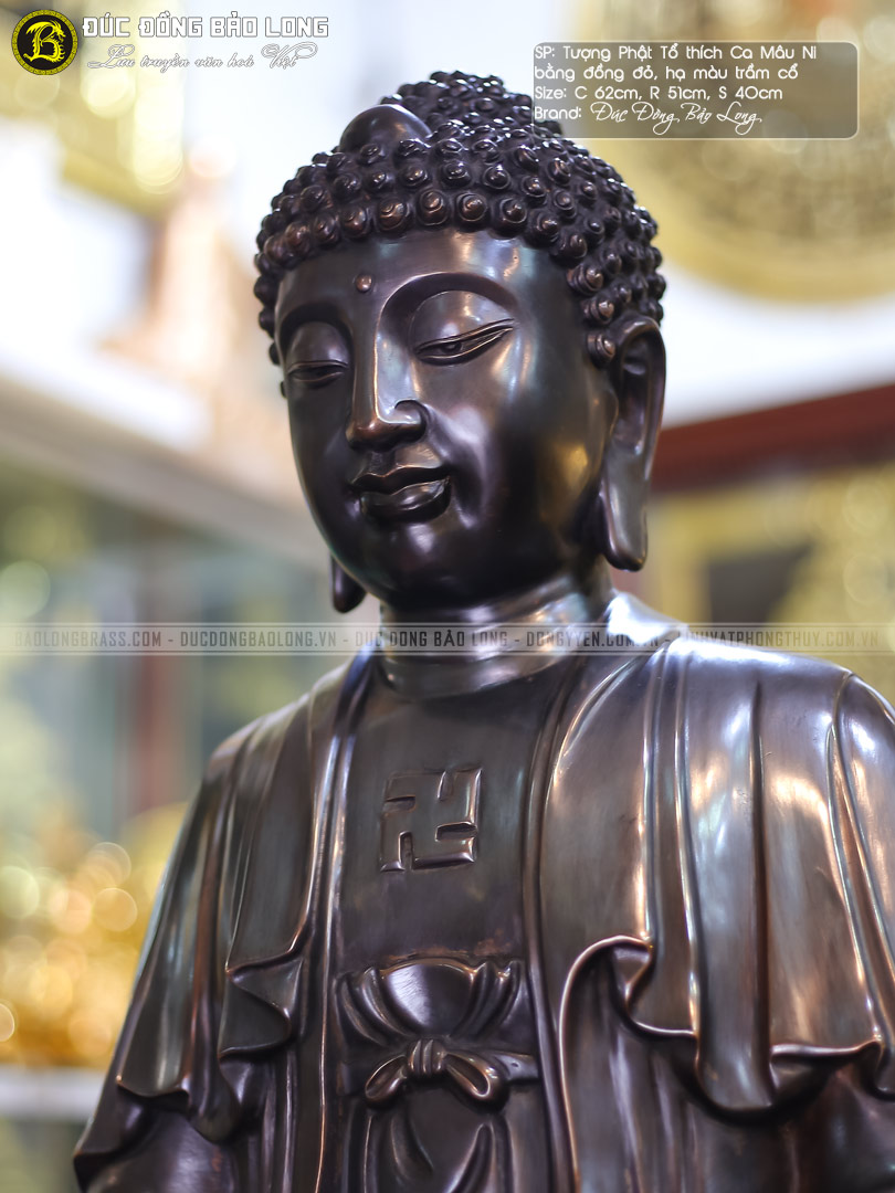 tượng Phật Thích Ca bằng đồng đỏ cao 62cm màu giả cổ