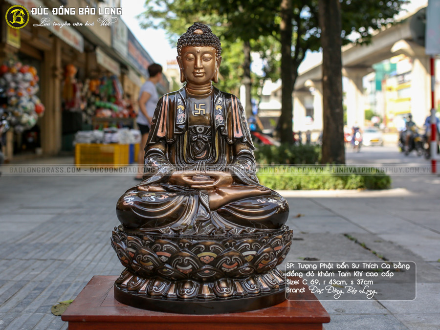 Tượng Phật Thích Ca Mâu Ni Bằng Đồng 69cm Khảm Tam Khí