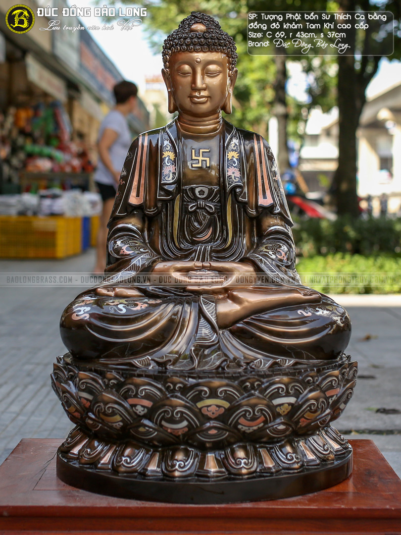 tượng Bổn Sư Thích Ca 69cm bằng đồng khảm Tam khí