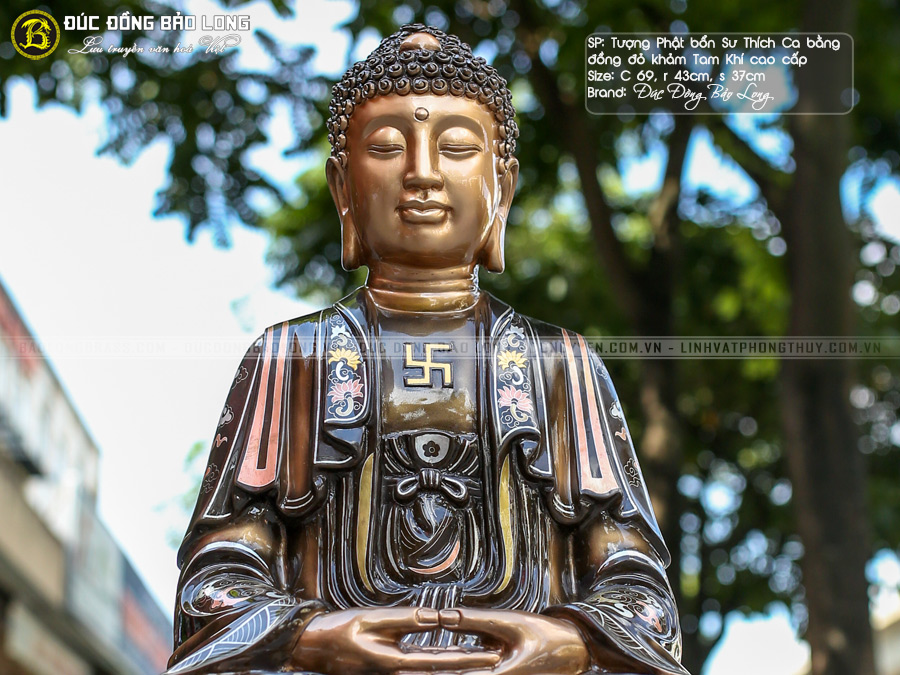 Tượng Phật Thích Ca Mâu Ni Bằng Đồng 69cm Khảm Tam Khí