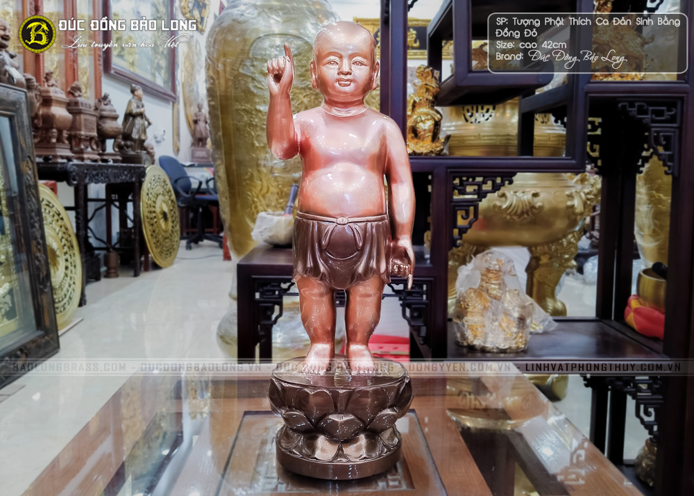 Tượng Phật Thích Ca Đản Sinh bằng đồng đỏ màu trầm cổ cao 42cm