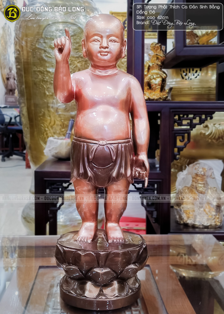Tượng Phật Thích Ca Đản Sinh bằng đồng đỏ cao 42cm