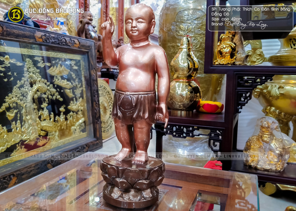 Tượng Phật Thích Ca Đản Sinh Bằng Đồng Đỏ Cao 42cm