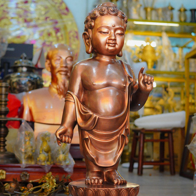 Tượng Phật Thích Ca Đản Sinh Bằng Đồng Đỏ Cao 81cm Màu Trầm Cổ Cực Đẹp