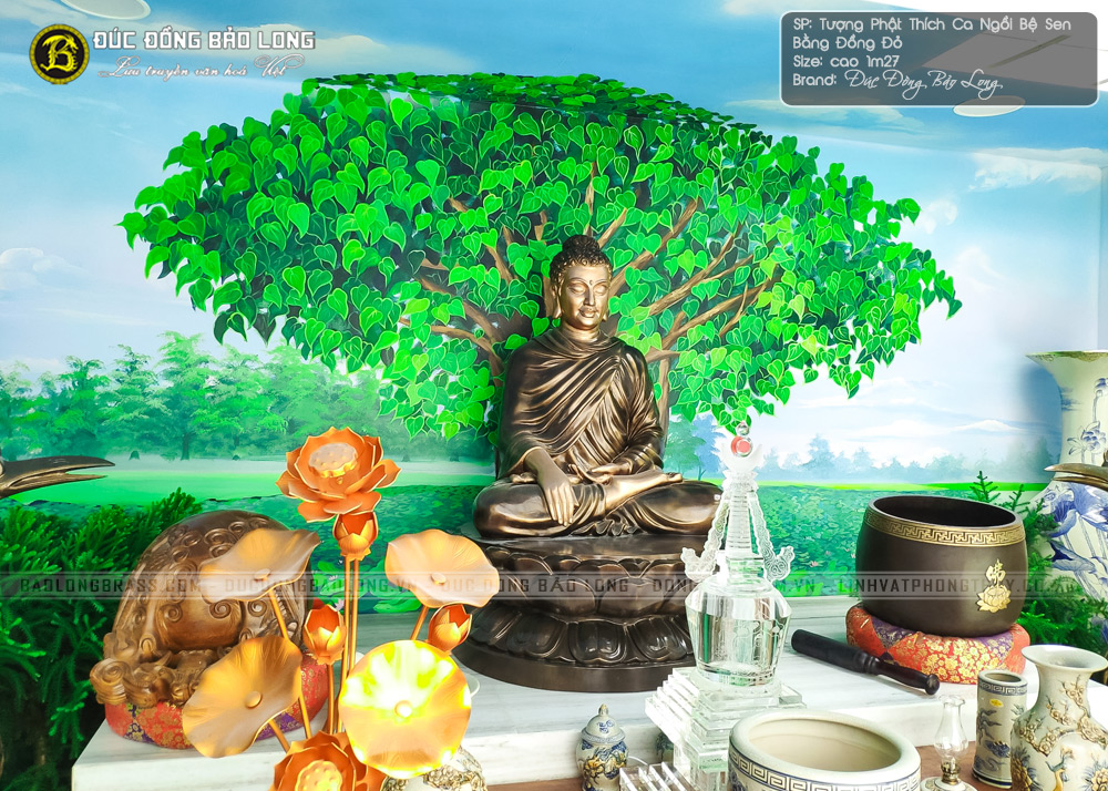 Tượng Phật Thích Ca ngồi bệ sen bằng đồng đỏ cao 1m27