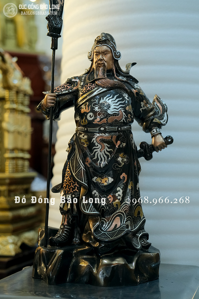 Tượng Đồng Quan Công Đứng Chống Đao Khảm Tam Khí Cao 42Cm