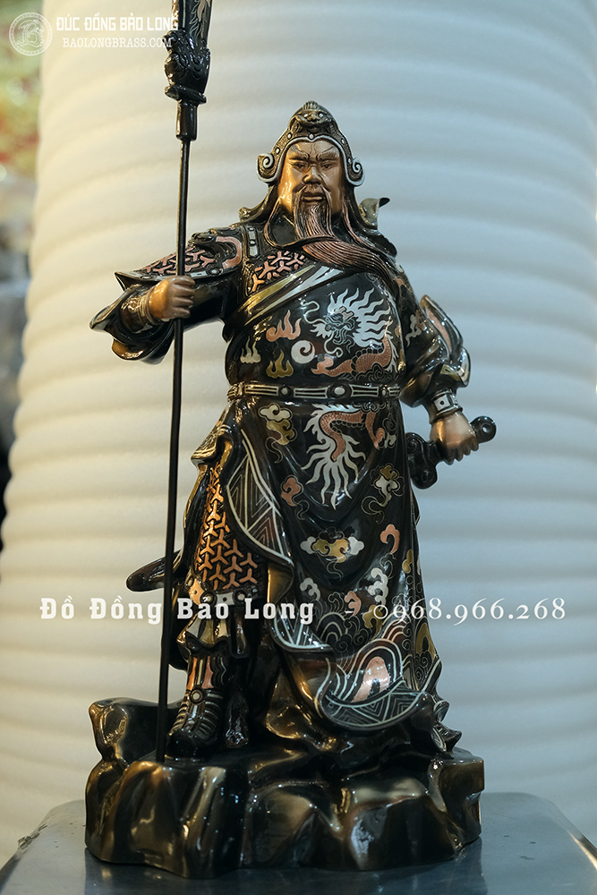 Tượng Đồng Quan Công Đứng Chống Đao Khảm Tam Khí Cao 42Cm