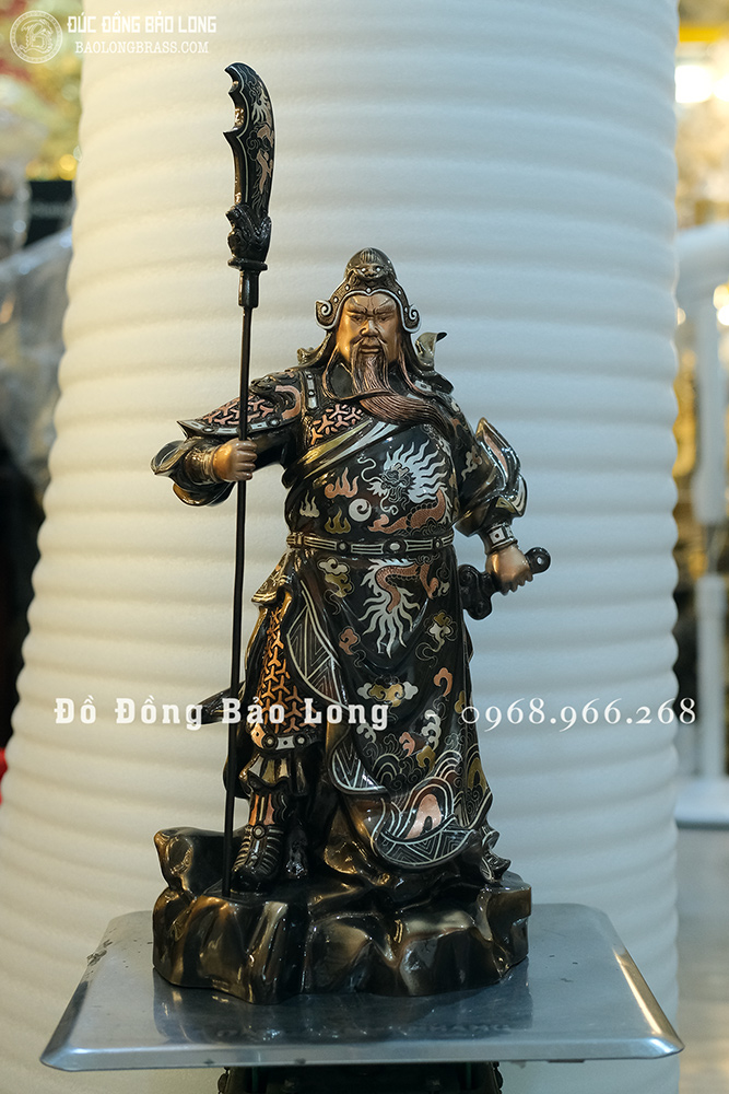 Tượng Đồng Quan Công Đứng Chống Đao Khảm Tam Khí Cao 42Cm