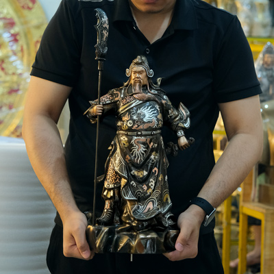 Tượng Quan Công Quan Vân Trường Bằng Đồng Khảm Tam Khí Cao 42Cm