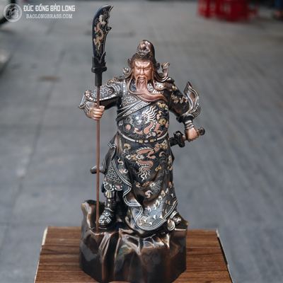 Tượng Quan Công Đứng Chống Đao Bằng Đồng Khảm Tam Khí 48cm