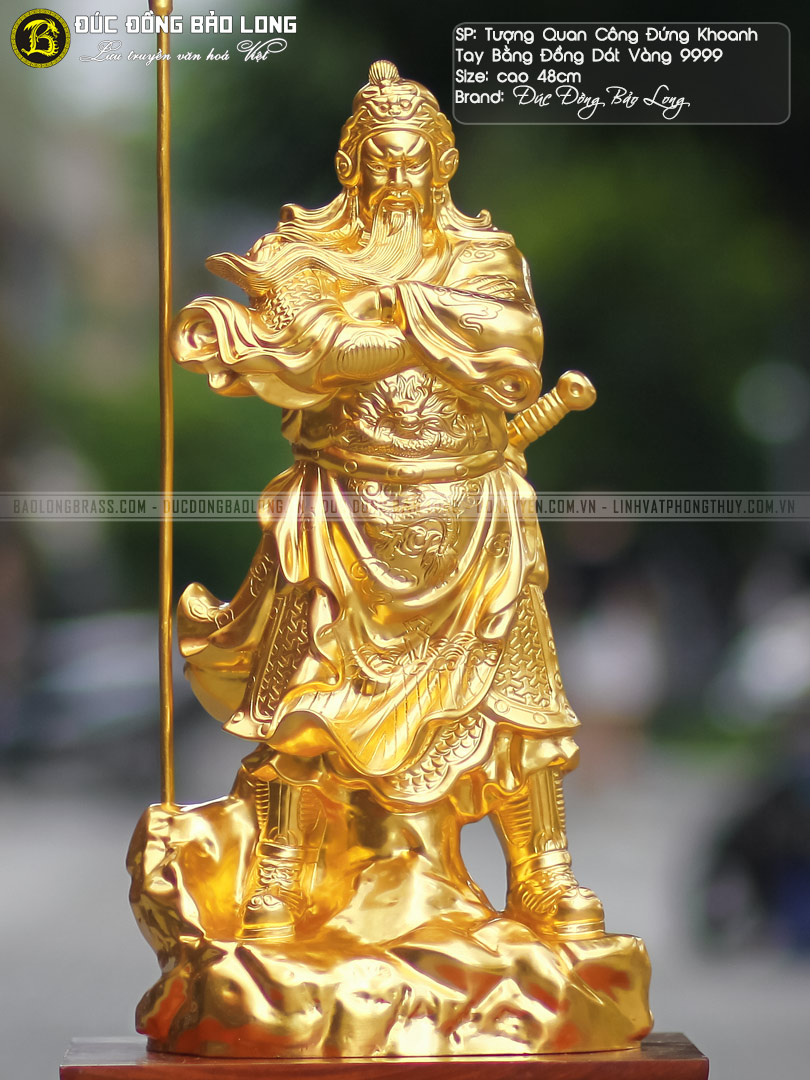 tượng quan công đứng khoanh tay dát vàng 9999 cao 48cm