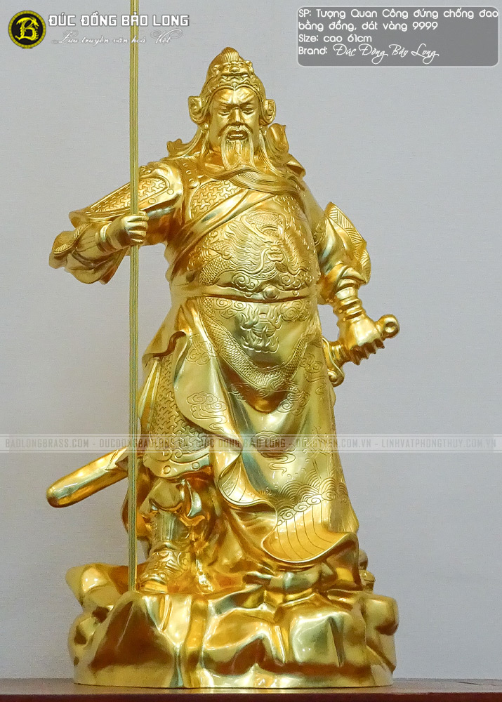 Tượng Quan Công Đứng Chống Đao Bằng Đồng Cao 61cm Dát Vàng 3 tượng quan công đứng chống đao bằng đồng catut cao 61cm dát vàng 9999