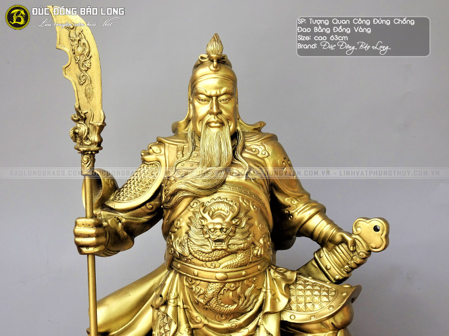 Tượng Quan Công Đứng Chống Đao Bằng Đồng Vàng Cao 63cm