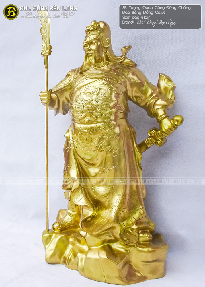 tượng Quan Công đứng chống đao bằng đồng catut cao 81cm