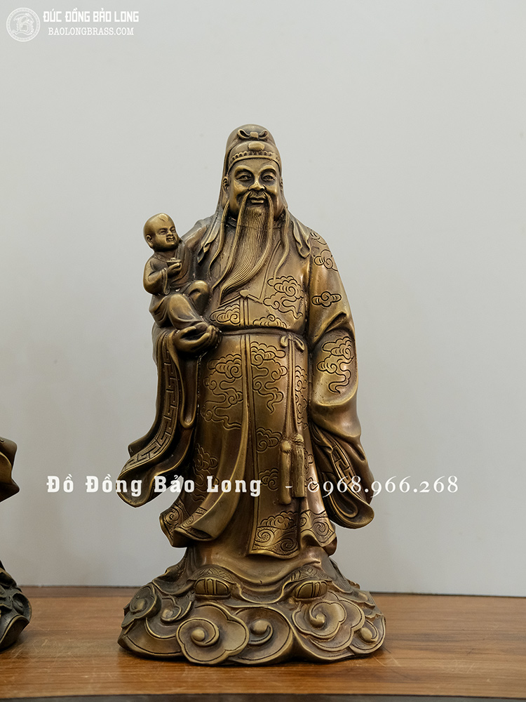 Tượng Tam Đa Phúc Lộc Thọ bằng đồng vàng màu trầm cổ cao 33cm