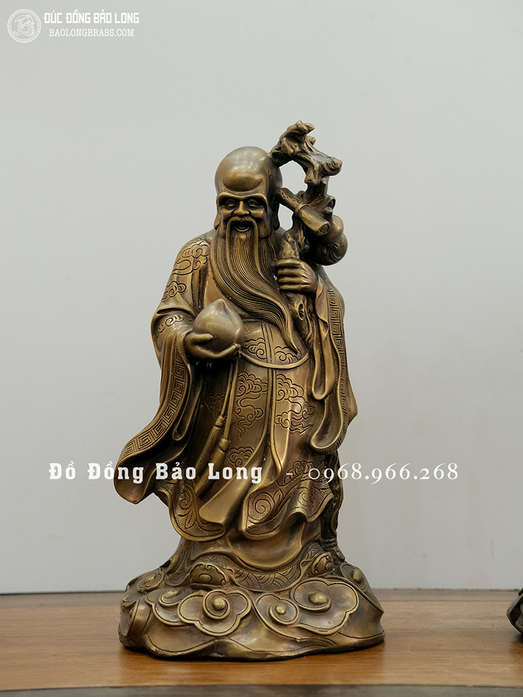 Tượng Tam Đa Phúc Lộc Thọ bằng đồng vàng màu trầm cổ cao 33cm