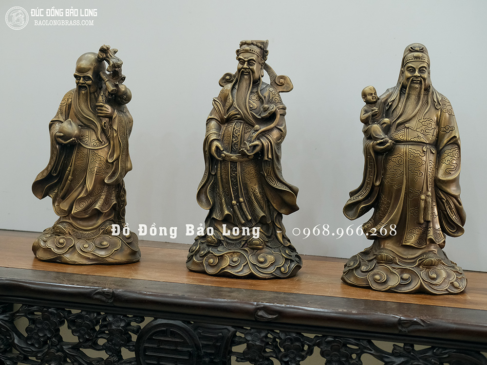 Tượng Tam Đa Phúc – Lộc – Thọ bằng đồng vàng màu trầm cổ cao 33cm