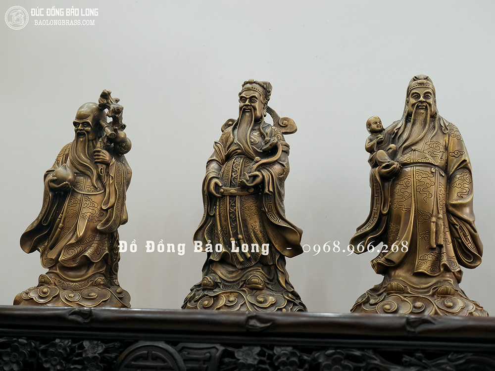 Tượng Tam Đa Phúc Lộc Thọ bằng đồng vàng màu trầm cổ cao 33cm