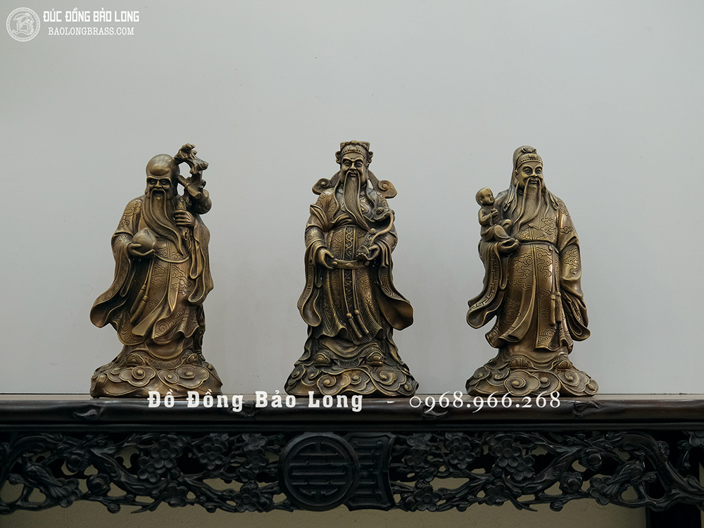Tượng Tam Đa Phúc Lộc Thọ bằng đồng vàng màu trầm cổ cao 33cm