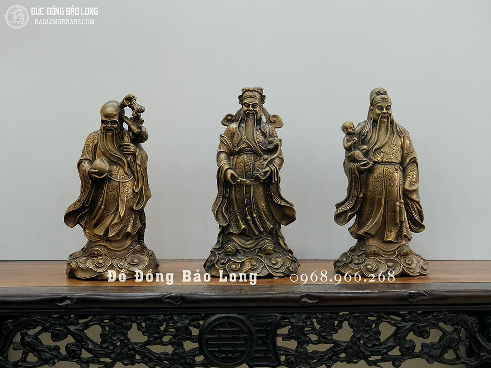 Tượng Tam Đa Phúc Lộc Thọ Bằng Đồng Vàng Màu Trầm Cổ Cao 33Cm