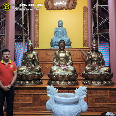Bộ Tượng Phật Tây Phương Tam Thánh Bằng Đồng Đỏ Màu Trầm Cổ Cao 1m27