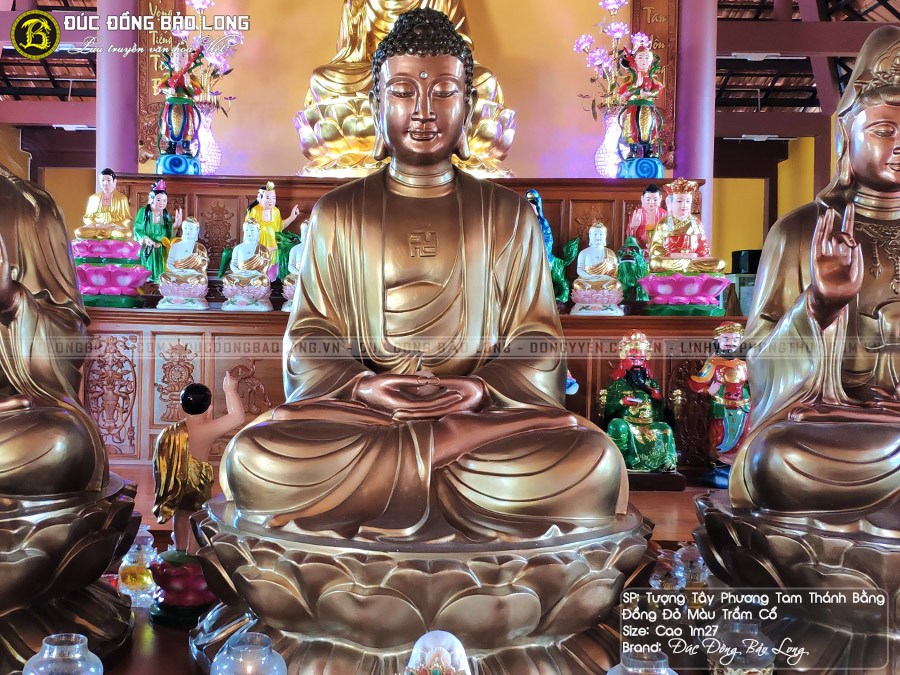Bộ Tượng Phật Tây Phương Tam Thánh Bằng Đồng Đỏ Màu Trầm Cổ Cao 1m27
