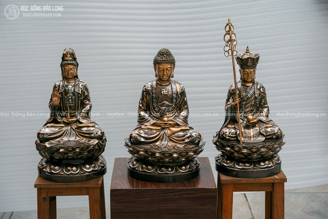Tượng Sa Bà Tam Thánh Bằng Đồng Khảm Tam Khí Cao 48Cm