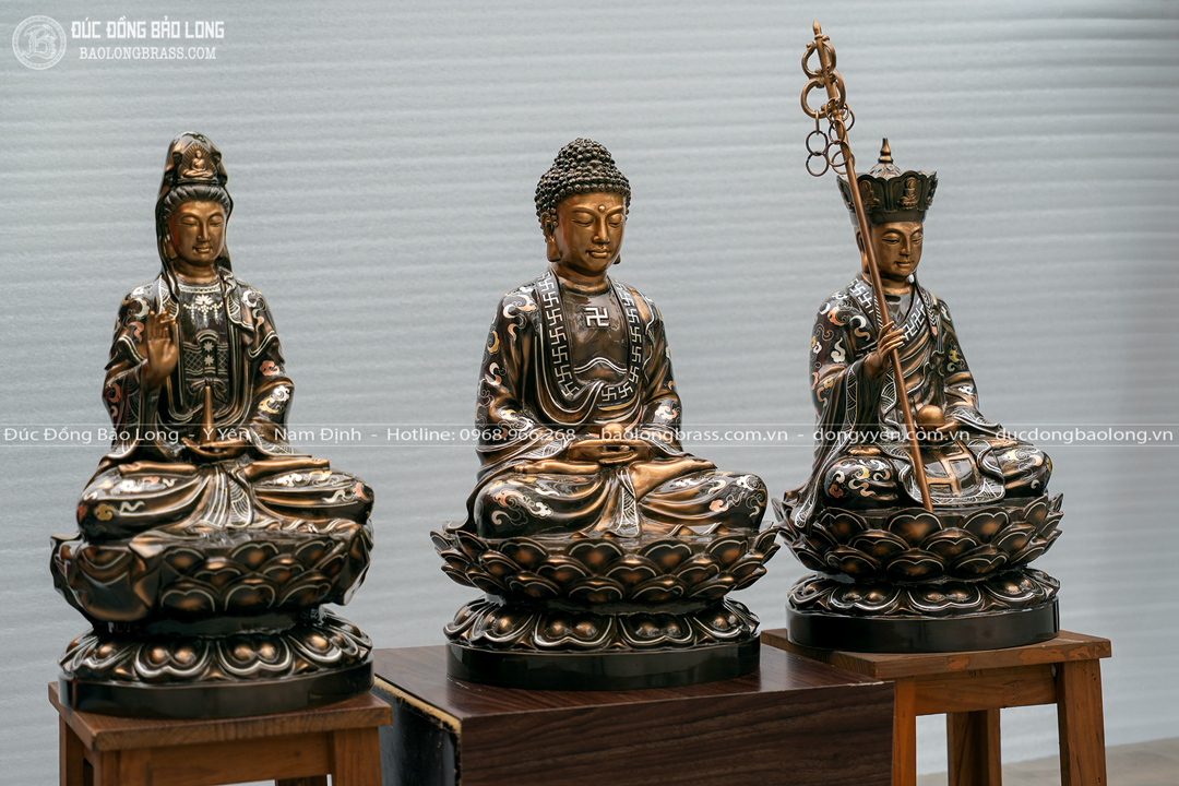 Tượng Sa Bà Tam Thánh Bằng Đồng Khảm Tam Khí Cao 48Cm