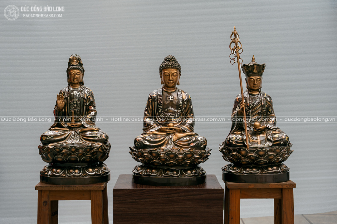Tượng Sa Bà Tam Thánh Bằng Đồng Khảm Tam Khí Cao 48Cm