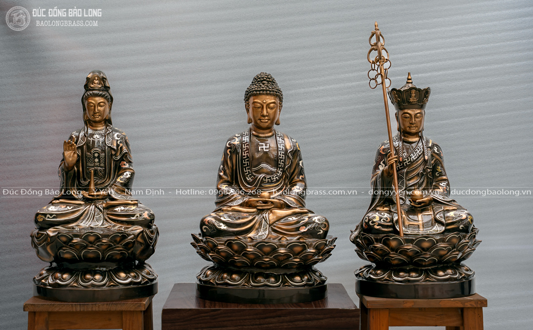 Tượng Sa Bà Tam Thánh Bằng Đồng Khảm Tam Khí Cao 48Cm
