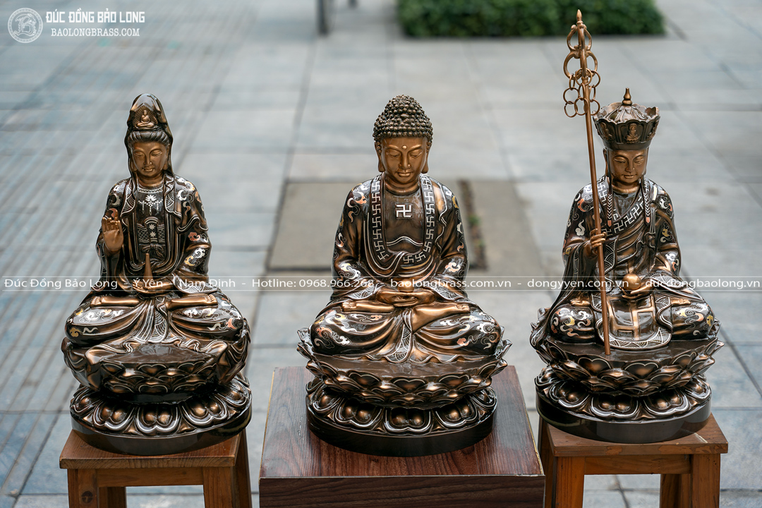 tượng tam thánh sa bà bằng đồng khảm tam khí cao 48cm