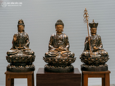 Bộ Tượng Tam Thánh Sa Bà Bằng Đồng Khảm Tam Khí Cao 48Cm